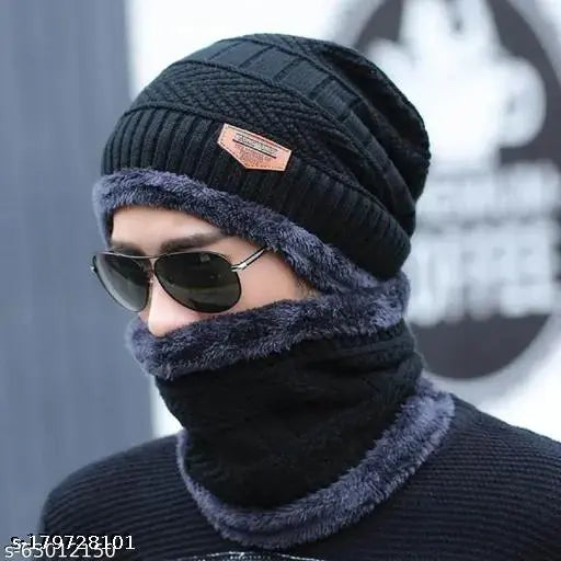 3 black color unisex woolen cap and neck winter protection scarf