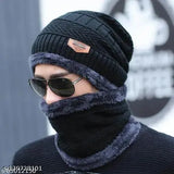 3 black color unisex woolen cap and neck winter protection scarf