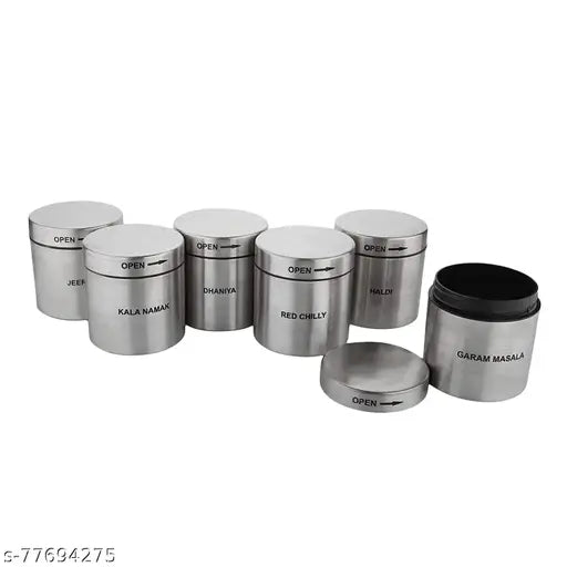 Silver stainless steel spice box set with multiple compartments and lid. Includes storage racks for various utensils, suitable for kitchen accessory sets