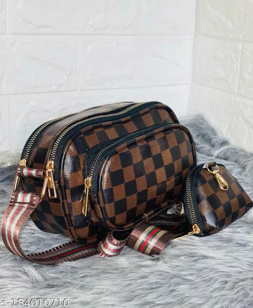 Black and white checkered design, sling bag with metal hardware, multiple compartments