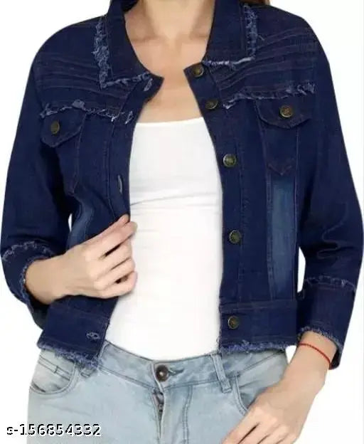 Dark blue denim jacket with light wash distressing, short sleeves