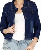 Dark blue denim jacket with light wash distressing, short sleeves
