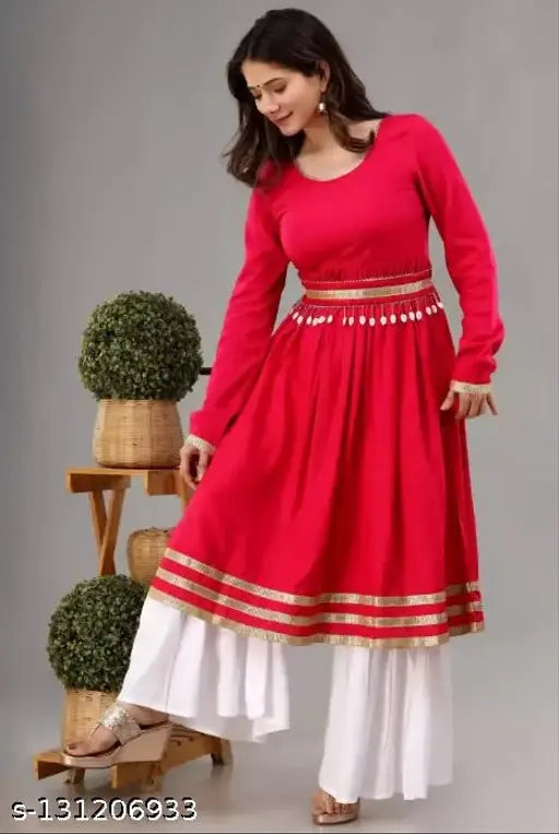 Women's rayon calf-length designer hand-worked Anarkali kurta with palazzos, solid net, S/M/L/XL/XXL sizes available