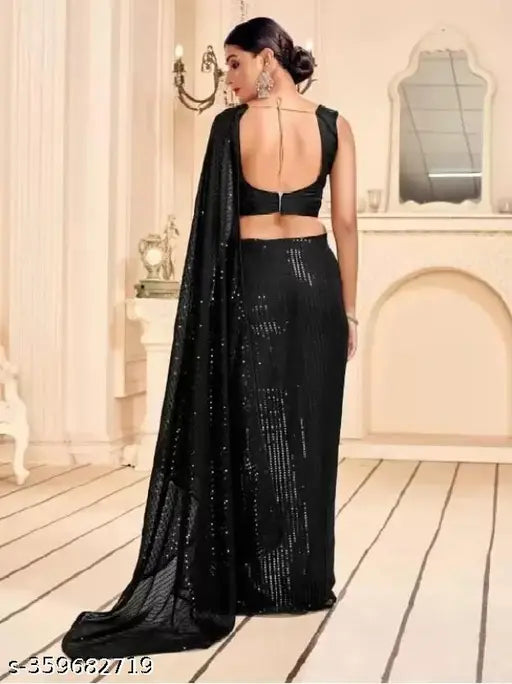 Black lace georgette saree with back slit
