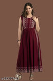 Rayon printed maroon straight Nayra cut kurta for women/girls, sleeveless with embroidered pattern, classic and trendy women's outfit from India