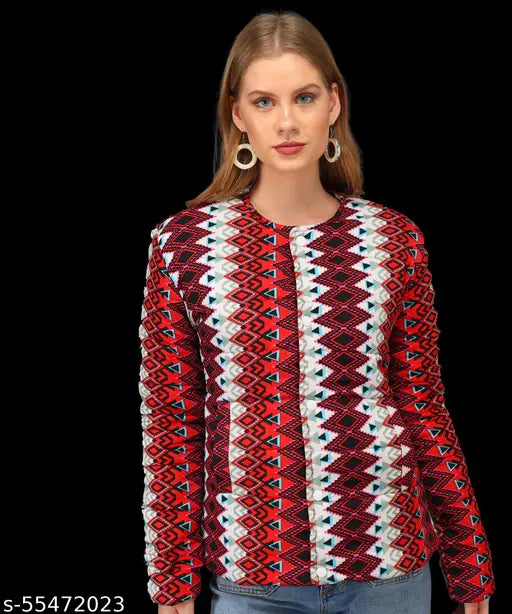 Vibrant multi-design print polyester bomber jacket for women, ideal for chilly weather and various occasions, made in India