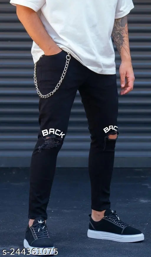 Denim men's jogger jeans with back print, knee cut design and pockets, wash by agate in sizes 28, 30, 32 (28in/38in/28in, 30in/38in/30in, 32in/38in/32in), India origin