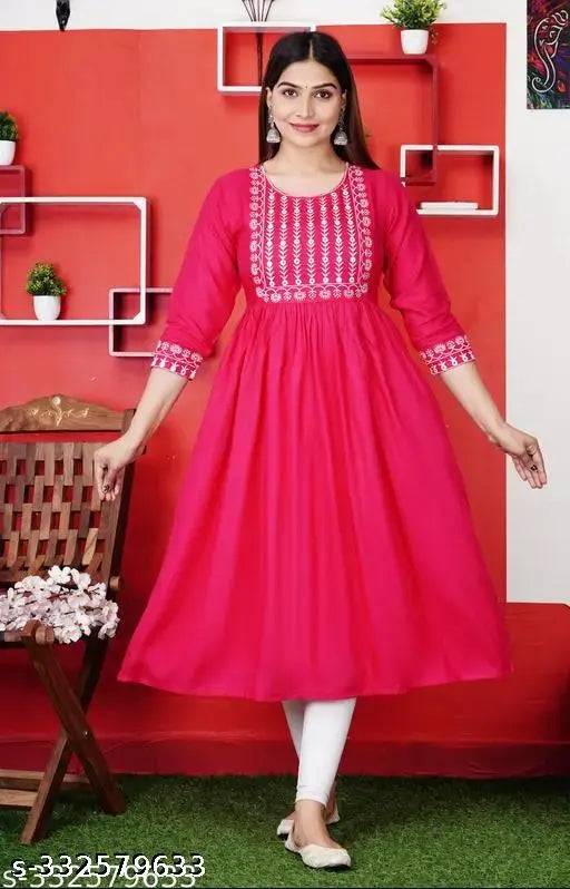 Rayon Anarkali embroidery kurtis with three-quarter sleeves, printed combo. Close-up image of the XL size kurta on a mannequin