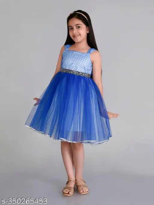 Blue embellished party dress for kids, featuring ruffle sleeves and skirt with embellishments