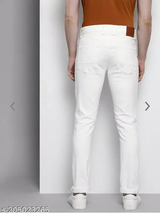 White cotton blend stretchable jeans for men, solid white design for comfort and style