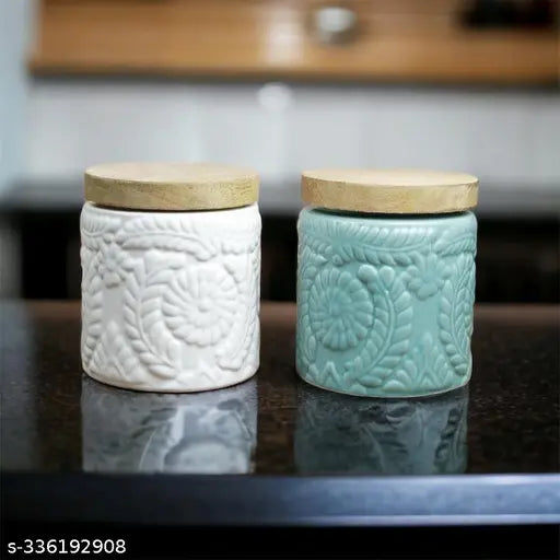 Hand painted ceramic kitchen storage jars and canisters, set of 2 with wooden lids in blue, white' # Color + material + product type