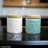 Hand painted ceramic kitchen storage jars and canisters, set of 2 with wooden lids in blue, white' # Color + material + product type