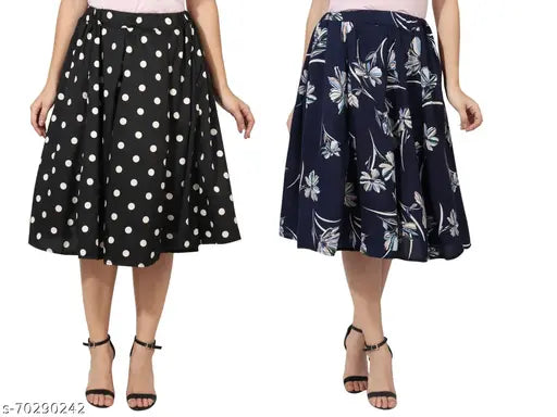 Black polka & white floral print mid calf length women's IBPanel polyester skirt combo, featuring a crepe fabric and flared style. Size options available: 26 (waist 26in, hip 36in), 28 (waist 28in, hip 38in), 30 (waist 30in, hip 40in), 32 (waist 32in, hip 42in), 34 (waist 34in, hip 44in). Origin: India