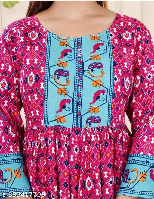 Pink and Blue Viscose Rayon Anarkali Dress, three-quarter sleeves, printed combo design, XL size, Indian origin