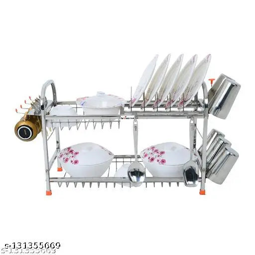 Stainless steel 2 shelf kitchen utensils rack, with plate and cutlery stand. Includes multiple storage spaces for organized kitchenware. Modular design for easy customization