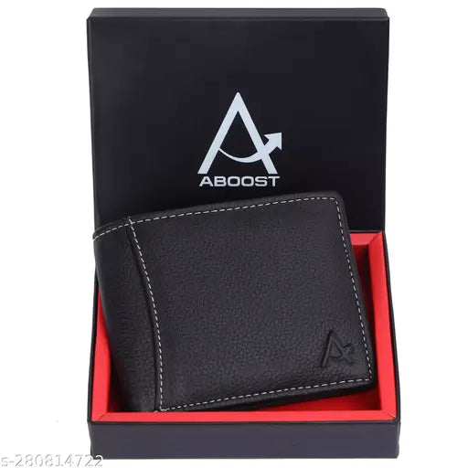 Leeon Black Leather Wallet for Men: 100% Genuine Leather RFID Protected Gift Hamper with 2 Compartments, Free Size (11cm x 9cm)