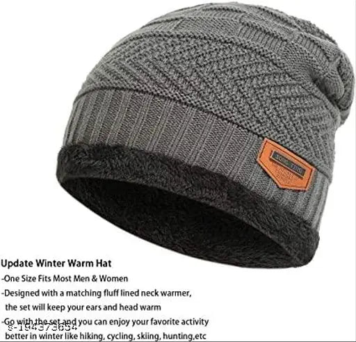 Warm woolen beanie cap and muffler scarf set in solid pattern, ideal for men and women, snow-proof at 20 degrees temperature