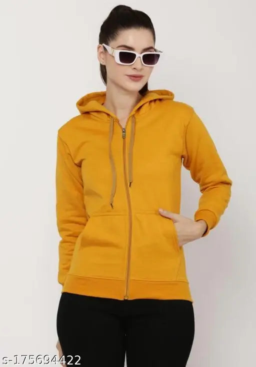 Mustard and wine color fleece zipper hoodie jacket, casual style with long sleeves, two available sizes S & M, made in India