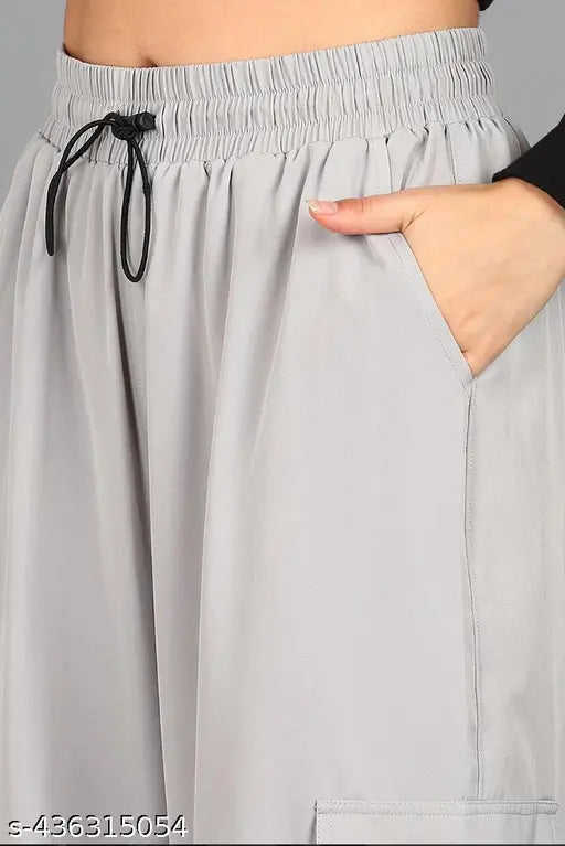 Grey cotton drawstring waist shorts with elastic side pockets, casual women's sportswear