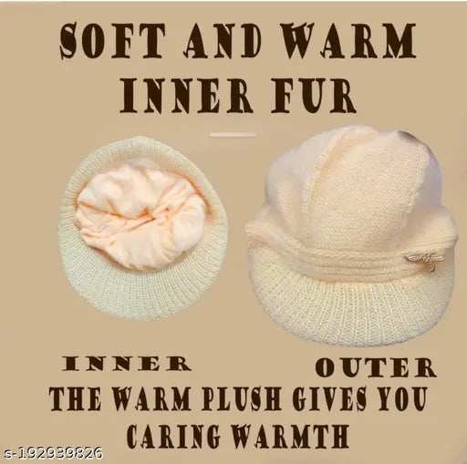 Soft and warm inner fur winter hat, cream color for girls and women
