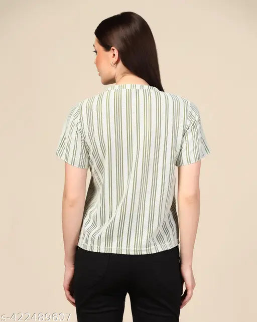 Sunshine Glow striped scuba V-neck t-shirt, soft, loose fit for women - casual, maximum stretch, high low hem