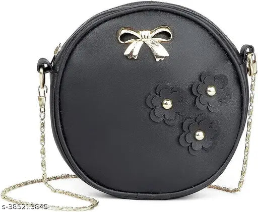 Leather sling handbag, black, casual office attire, fashionable, shoulder strap, crossbody style