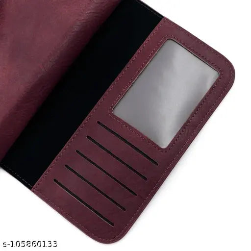 This is an image of a red long women's purse wallet with multiple card slots and three pockets, designed for female hand use