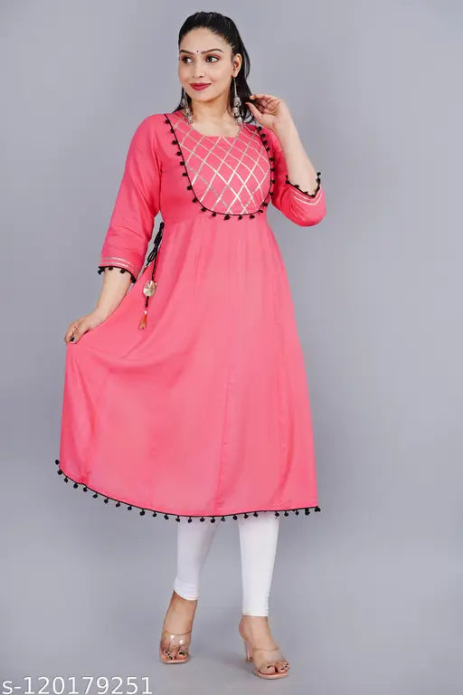 Pink kameez with yoke, long sleeves, and embroidered border