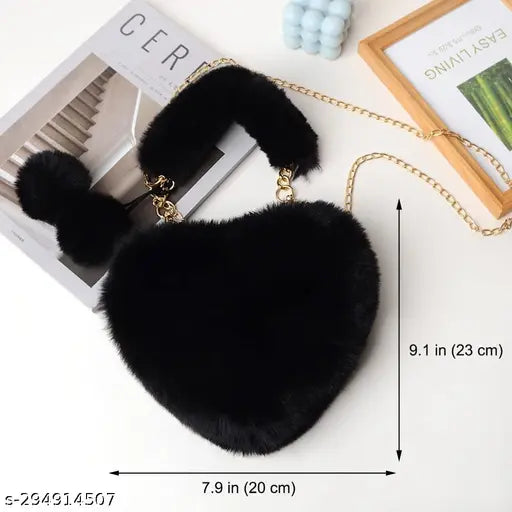 Black faux fur shoulder bag, pompom accents, crossbody style