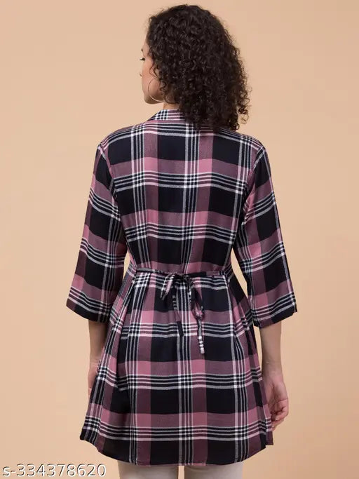 Black checkered cotton tunic, Hive91 brand, 34 inches length, 3/4th sleeves, mandarin collar, button front closer - women's fashion accessory from India