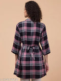 Black checkered cotton tunic, three-quarter sleeves, Hive91 brand, mandarin collar, button front closer, 34 inches length