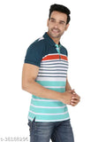 Striped cotton blend half sleeve polo shirt by Gentino, short sleeves with printed net pattern