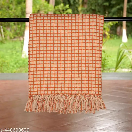 Orange Beige waffle check cotton net throw, charming flower border, reversible, Indian-made home decor