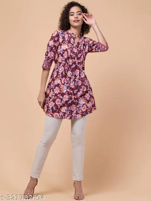 Maroon rayon tunic with front pleats, waist string, and mandarin collar - full front button open, 3/4 sleeves. Indian-origin fashion for size 34