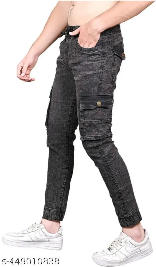 Blue denim jogger jeans with six pockets, men's casual wear