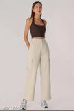 Cream cargo four-pocket wide leg jeans for women, non-stretchable flared high rise denim with zip fly closure