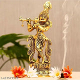 Metal Krishna idol playing flute for home decoration, temple use, gifting - 10cm L x 6cm B x 23cm H