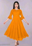 Women's mid-length, flared yellow kameez with detailed embroidery