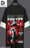 Black cotton blend oversized men's graphic print T-shirt, trendy chinese design on back, three-quarter sleeves