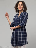Blue checkered rayon tunic with 3/4 sleeves, V-neck, mandarin collar, button front - women's casual wear from India