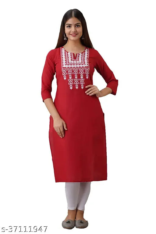 Red rayon embroidery kurta with three-quarter sleeves, intricate floral design. Single sizes available for M (38in bust, 42in length) and L (40in bust, 42in length). Indian handcrafted fashion