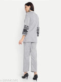 Light Grey Wool Embroidery Night Suit Set - Elendra Trending Karachi Co-ords for Winter Sleepwear, featuring a tunic and palazzos with red and multicoloured embroidery, mandarin collar, three-quarter sleeves, black and multicoloured striped palazzos with elasticated waistband. Made in India