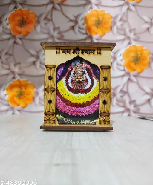 High quality MDF Khatu Shyam Mandir for car dashboard, featuring antique laser-cut design and Shree Khatu Shyam image. Indian art showpiece