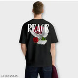 Black cotton blend oversize regular fit men's t-shirt, printed with casual fashionable design. Men's M (38in chest), L (40in chest), XL (42in chest) sizes available, made in India
