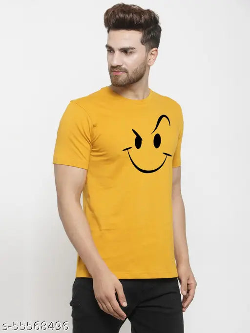 Mens gold smiley round neck cotton t-shirt, printed self design, short sleeves, premium 175-180 GSM cotton. High quality, trusted brand online, made in India