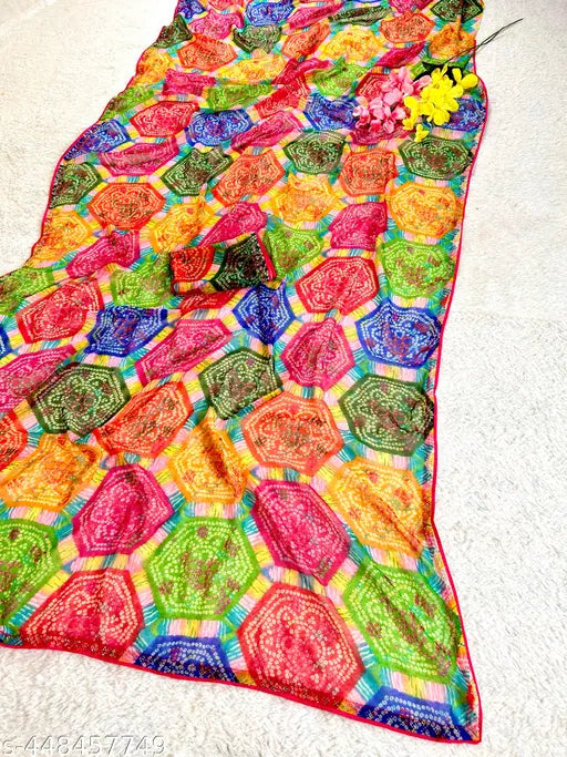 Colorful printed georgette casual partywear saree with unstiched blouse