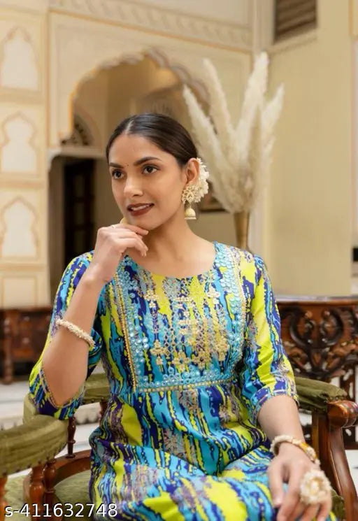 Multicolor floral embroidered viscose rayon Anarkali Kurta with three-quarter sleeves, adorned with tassels, women's Indian work top