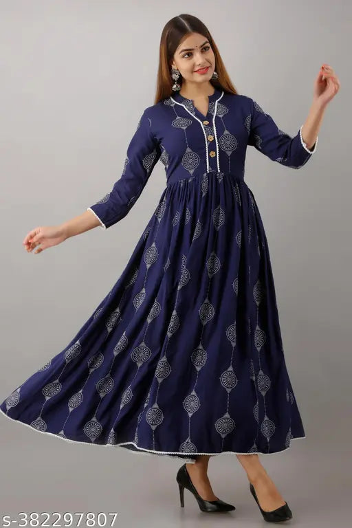 Dark Blue Viscose Rayon Hanumantra Floral Print Women's Top with Three-Quarter Sleeves, Indian origin