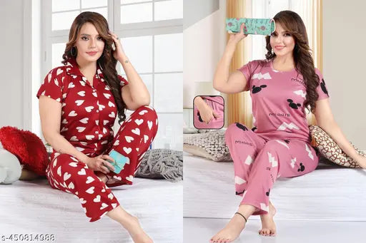 Stylish satin sleepwear nightsuit for women, printed net pattern, short sleeves, India origin