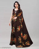 Brown floral printed georgette sari with matching blouse